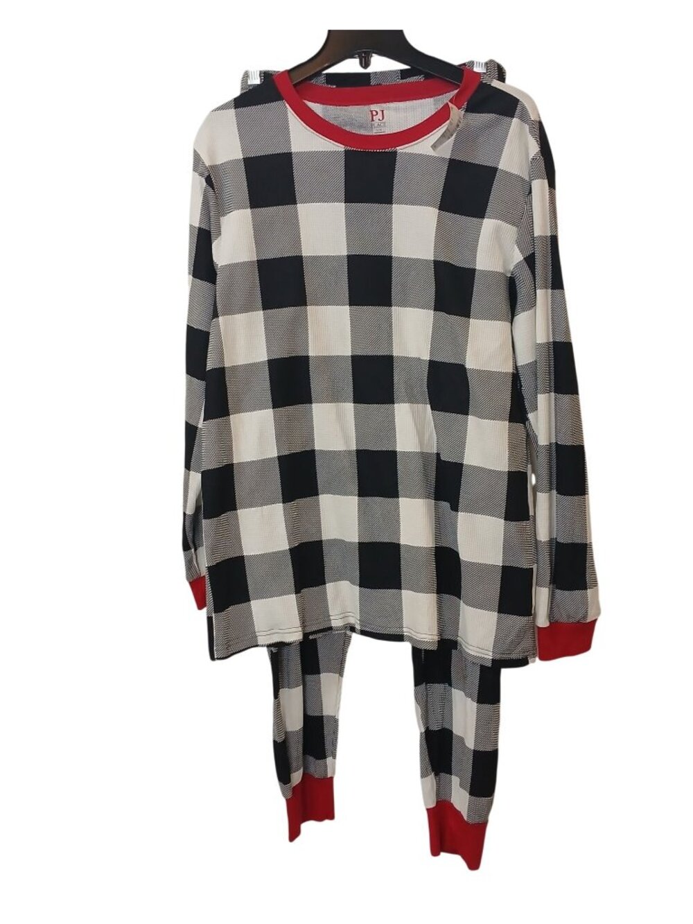PJ Place Unisex Adult Sz Large Black & White Plaid Pajama Set W/ Red Accent #L51